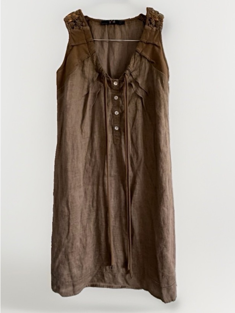 Yest Netherlands 100% Linen Brown Sleeveless Dress Crochet Women 4 Lagenlook